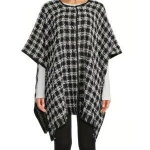 Karl Lagerfeld Paris Tweed Check Shawl Tunic One Size Black White Button NEW